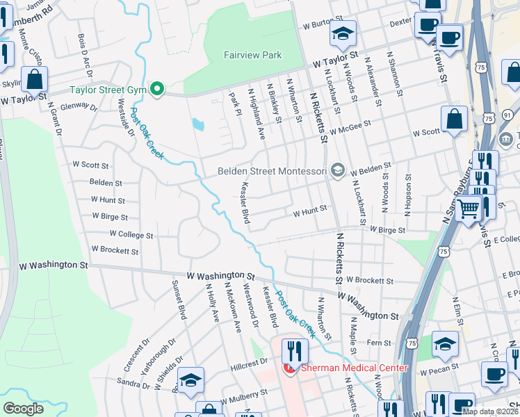 map of restaurants, bars, coffee shops, grocery stores, and more near 1011 West Belden Street in Sherman