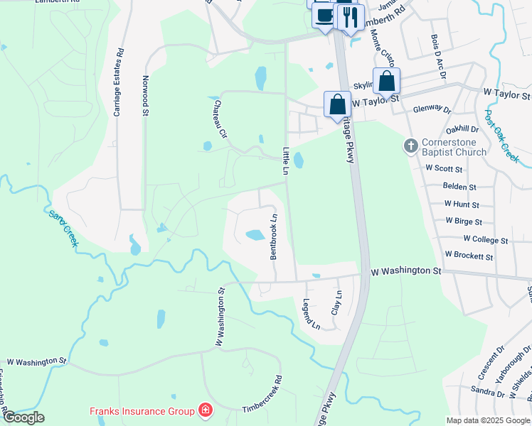 map of restaurants, bars, coffee shops, grocery stores, and more near 1111 Bentbrook Lane in Sherman
