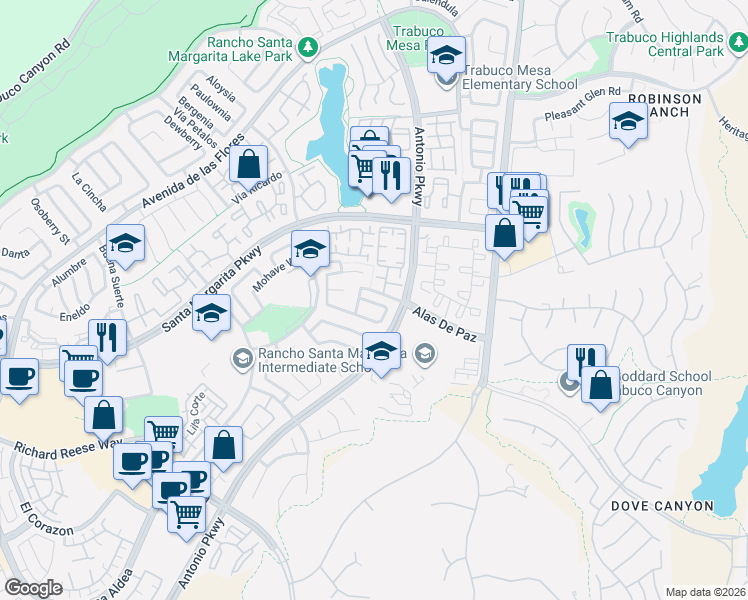 map of restaurants, bars, coffee shops, grocery stores, and more near 2 Calle Rienda in Rancho Santa Margarita