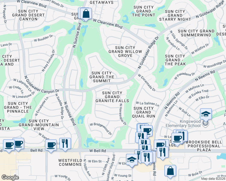 map of restaurants, bars, coffee shops, grocery stores, and more near 17870 North Havasupai Drive in Surprise