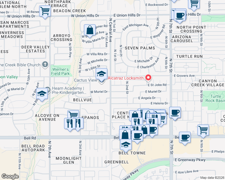 map of restaurants, bars, coffee shops, grocery stores, and more near 17628 North 1st Street in Phoenix