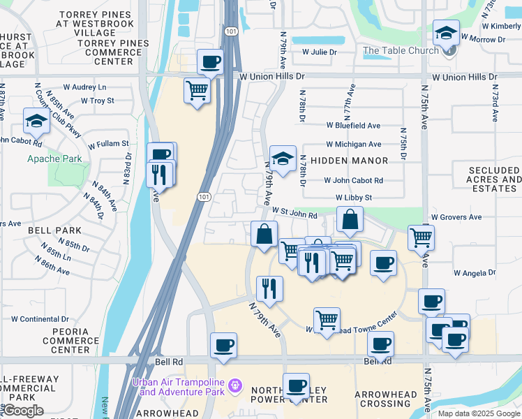 map of restaurants, bars, coffee shops, grocery stores, and more near 17722 North 79th Avenue in Glendale