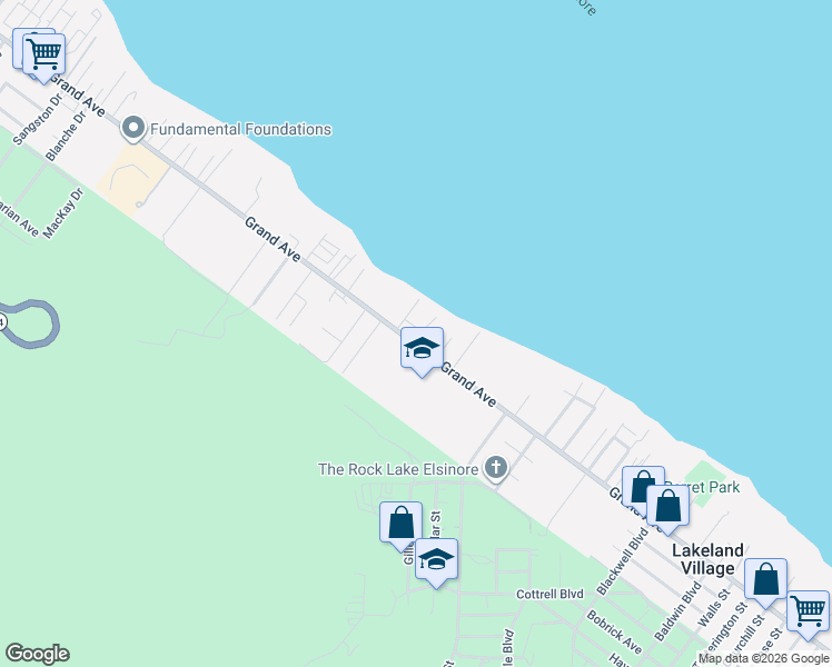 map of restaurants, bars, coffee shops, grocery stores, and more near 17070 Grand Avenue in Lake Elsinore