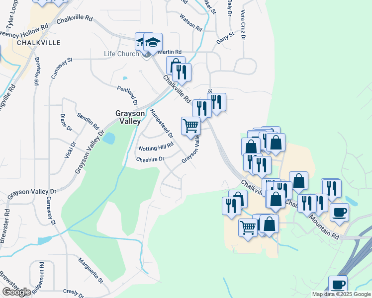 map of restaurants, bars, coffee shops, grocery stores, and more near 1251 Grayson Valley Parkway in Birmingham
