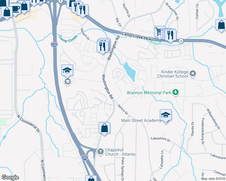 map of restaurants, bars, coffee shops, grocery stores, and more near 4060 Janice Drive in East Point