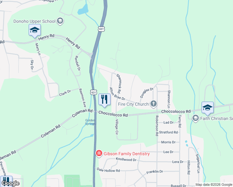 map of restaurants, bars, coffee shops, grocery stores, and more near 215 Afton Brae Drive in Anniston