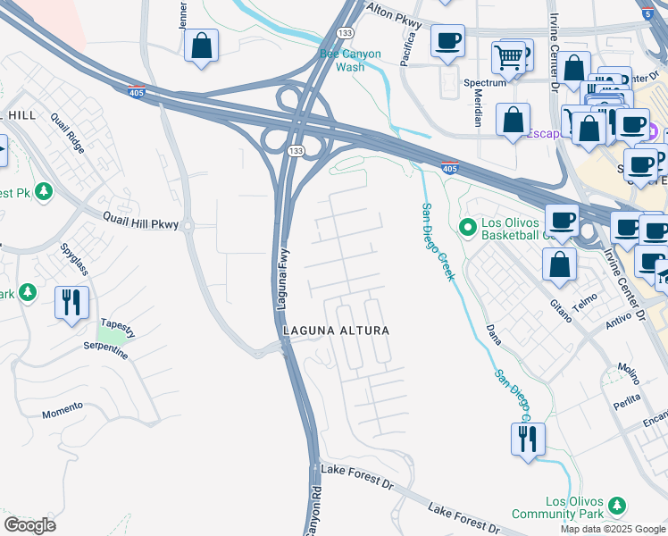 map of restaurants, bars, coffee shops, grocery stores, and more near 71 Lupari in Irvine