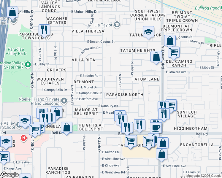 map of restaurants, bars, coffee shops, grocery stores, and more near 4411 East Angela Drive in Phoenix