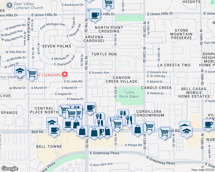map of restaurants, bars, coffee shops, grocery stores, and more near 815 East Grovers Avenue in Phoenix