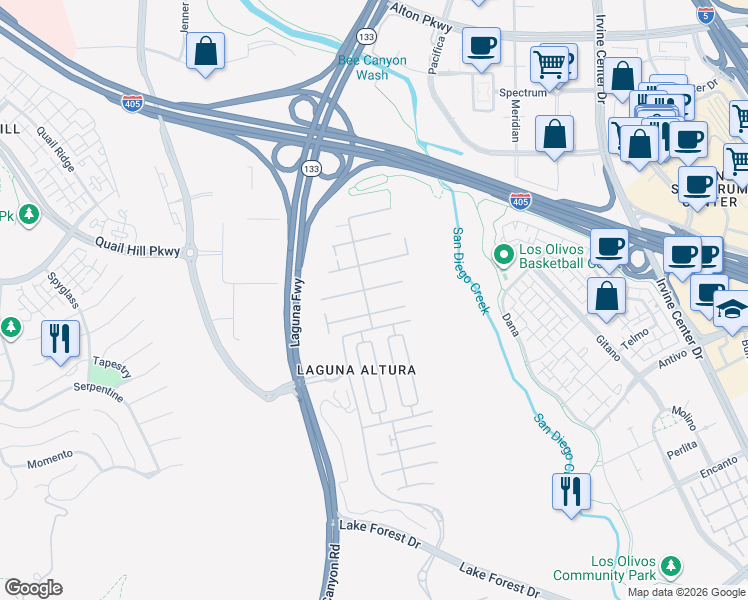 map of restaurants, bars, coffee shops, grocery stores, and more near 62 Bianco in Irvine