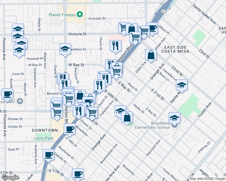 map of restaurants, bars, coffee shops, grocery stores, and more near 124 Melody Lane in Costa Mesa