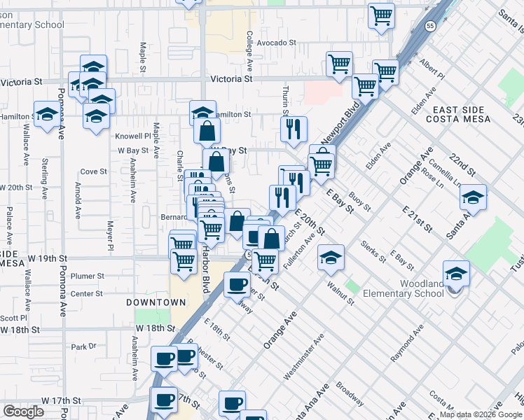 map of restaurants, bars, coffee shops, grocery stores, and more near 1967 Newport Boulevard in Costa Mesa