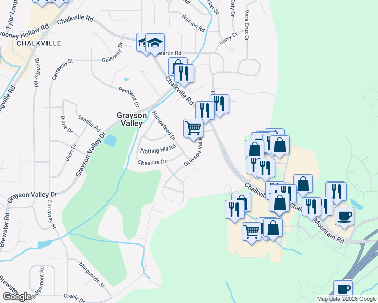 map of restaurants, bars, coffee shops, grocery stores, and more near 1251 Grayson Valley Parkway in Birmingham