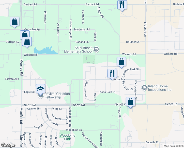 map of restaurants, bars, coffee shops, grocery stores, and more near 32693 Mira Street in Menifee