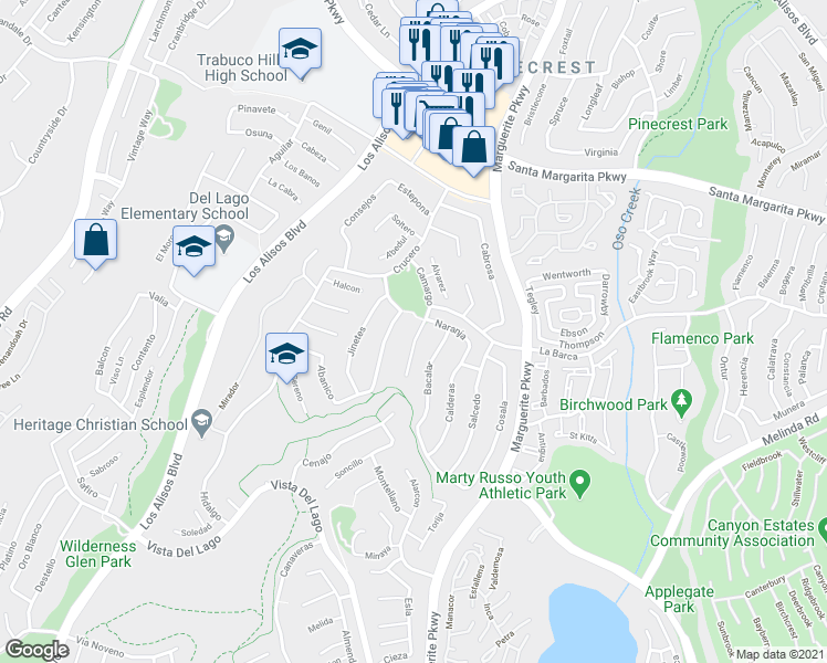 map of restaurants, bars, coffee shops, grocery stores, and more near 21851 Camargo in Mission Viejo