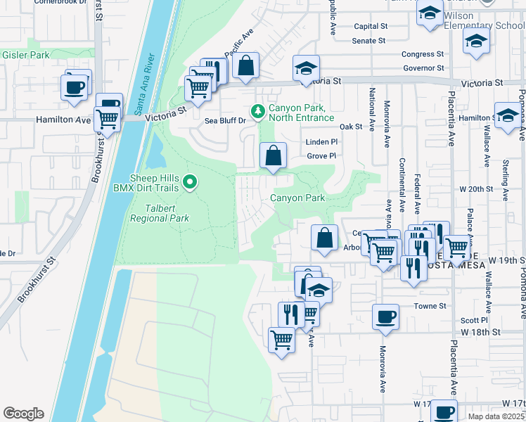 map of restaurants, bars, coffee shops, grocery stores, and more near 9 Sandflower Court in Newport Beach