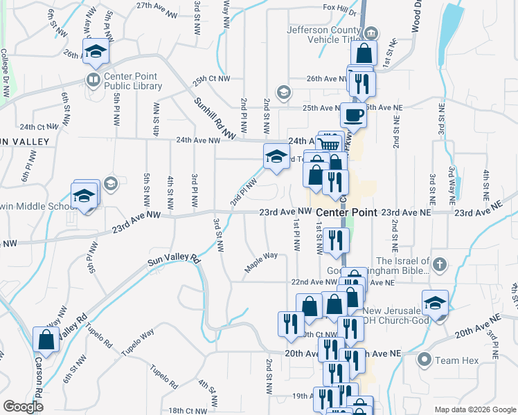 map of restaurants, bars, coffee shops, grocery stores, and more near 220 23rd Avenue Northwest in Center Point