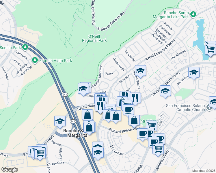 map of restaurants, bars, coffee shops, grocery stores, and more near 24 Morning Glory in Rancho Santa Margarita