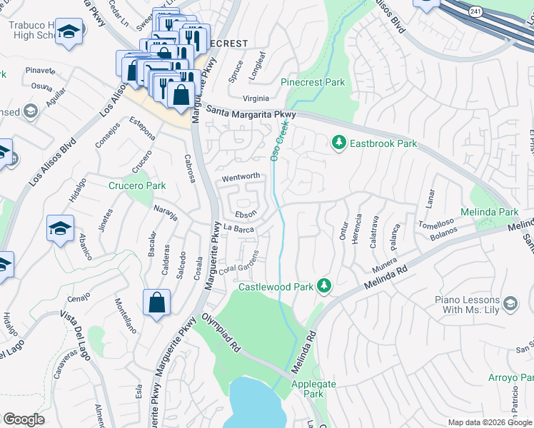 map of restaurants, bars, coffee shops, grocery stores, and more near 28096 Thompson in Mission Viejo