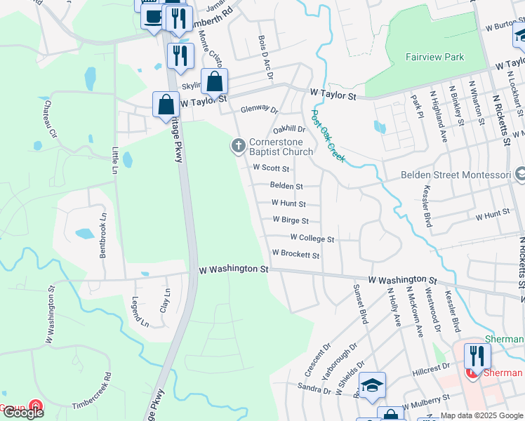 map of restaurants, bars, coffee shops, grocery stores, and more near 1811 West Hunt Street in Sherman