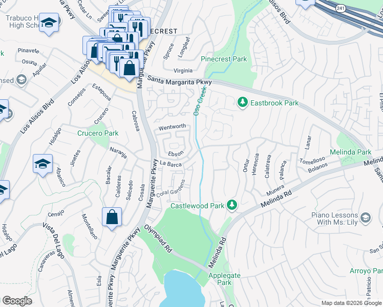 map of restaurants, bars, coffee shops, grocery stores, and more near 28096 Thompson in Mission Viejo
