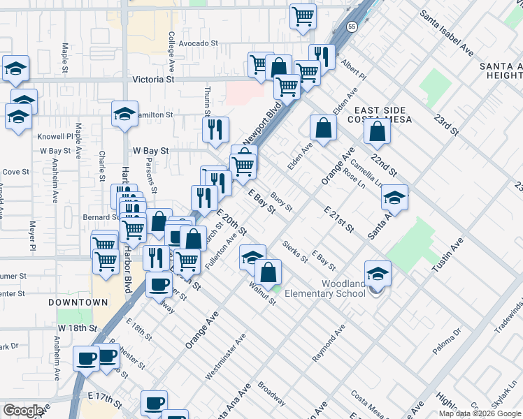 map of restaurants, bars, coffee shops, grocery stores, and more near 2036 Fullerton Avenue in Costa Mesa