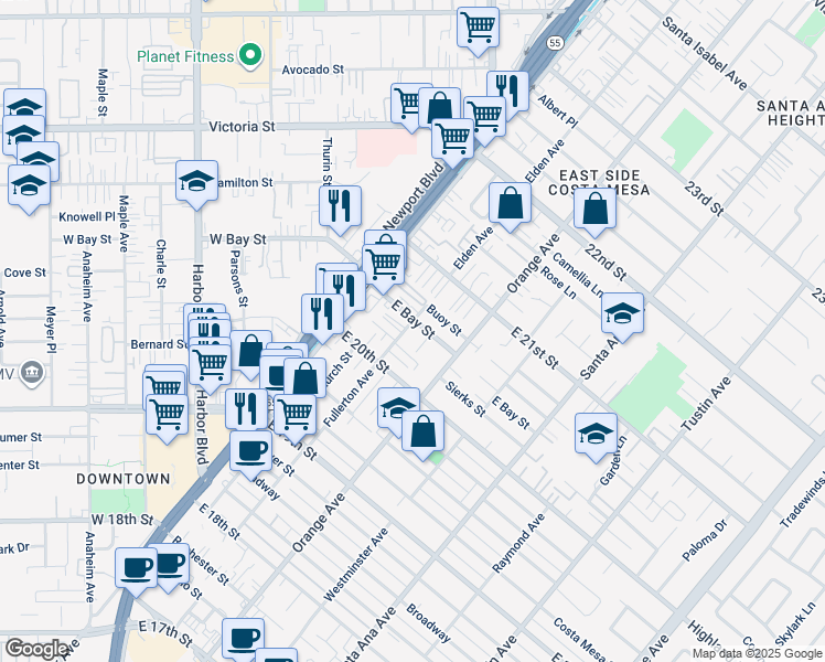 map of restaurants, bars, coffee shops, grocery stores, and more near 2036 Fullerton Avenue in Costa Mesa