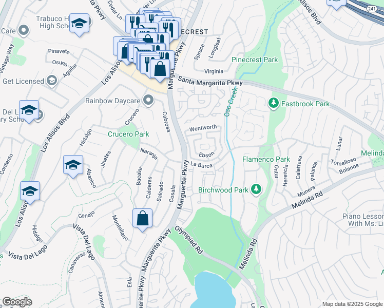 map of restaurants, bars, coffee shops, grocery stores, and more near 21782 Tegley in Mission Viejo
