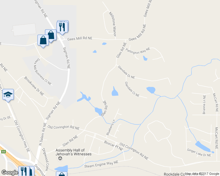 map of restaurants, bars, coffee shops, grocery stores, and more near 285 Glen Road Northeast in Conyers