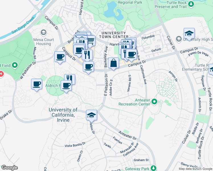 map of restaurants, bars, coffee shops, grocery stores, and more near 4290 Pereira Drive in Irvine