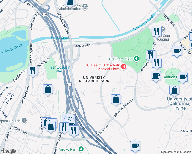 map of restaurants, bars, coffee shops, grocery stores, and more near 111 Innovation Drive in Irvine