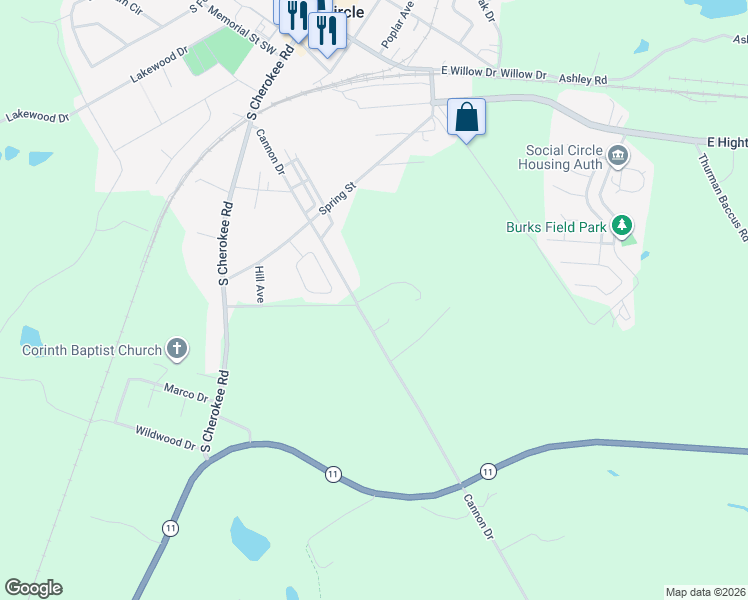 map of restaurants, bars, coffee shops, grocery stores, and more near 119 Cane Avenue in Social Circle