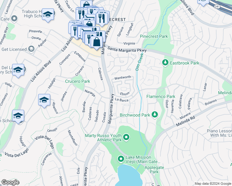 map of restaurants, bars, coffee shops, grocery stores, and more near 21782 Tegley in Mission Viejo