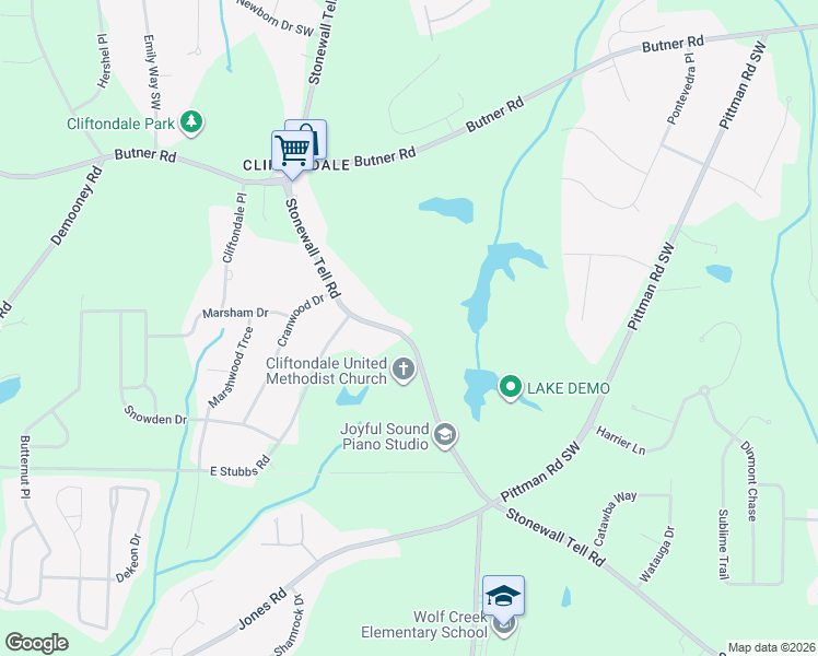 map of restaurants, bars, coffee shops, grocery stores, and more near 4030 Stonewall Tell Road in College Park