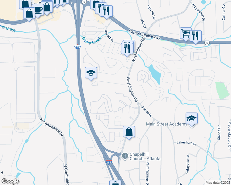 map of restaurants, bars, coffee shops, grocery stores, and more near 4044 Runnymeade Lane Southwest in East Point