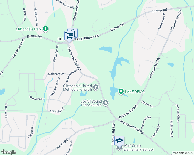 map of restaurants, bars, coffee shops, grocery stores, and more near 4030 Stonewall Tell Road in College Park