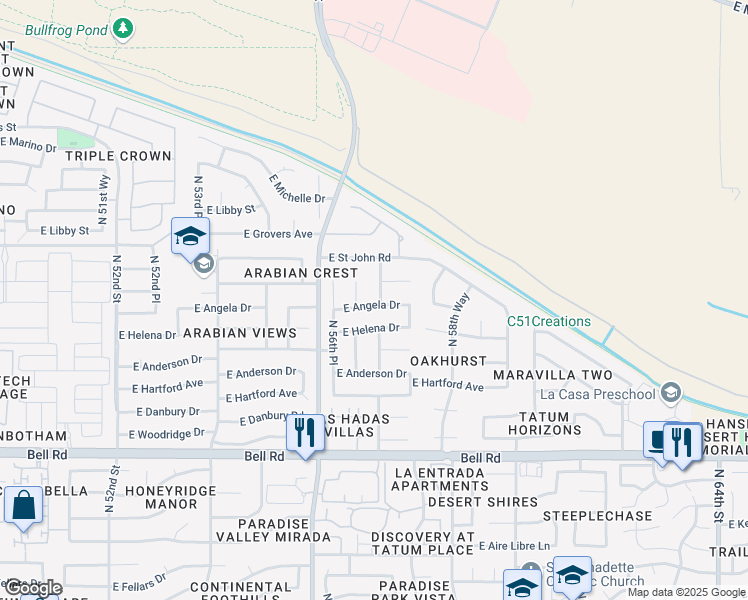 map of restaurants, bars, coffee shops, grocery stores, and more near 5707 East Muriel Drive in Scottsdale
