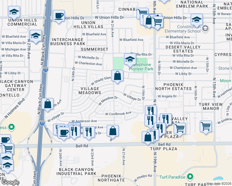 map of restaurants, bars, coffee shops, grocery stores, and more near 17600 North 21st Avenue in Phoenix