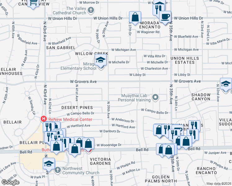 map of restaurants, bars, coffee shops, grocery stores, and more near 17624 West Saint John Road in Glendale