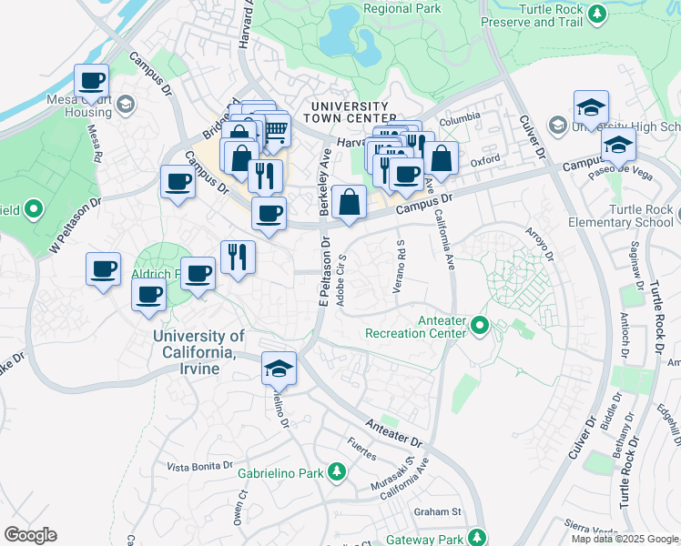 map of restaurants, bars, coffee shops, grocery stores, and more near in Irvine