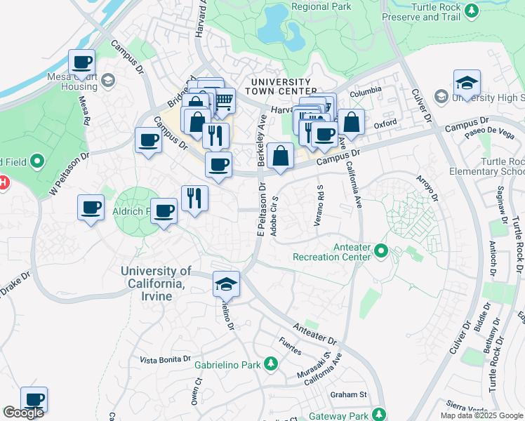 map of restaurants, bars, coffee shops, grocery stores, and more near 403 East Peltason Drive in Irvine