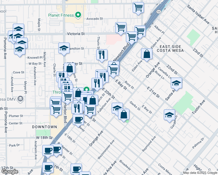 map of restaurants, bars, coffee shops, grocery stores, and more near 124 Melody Lane in Costa Mesa