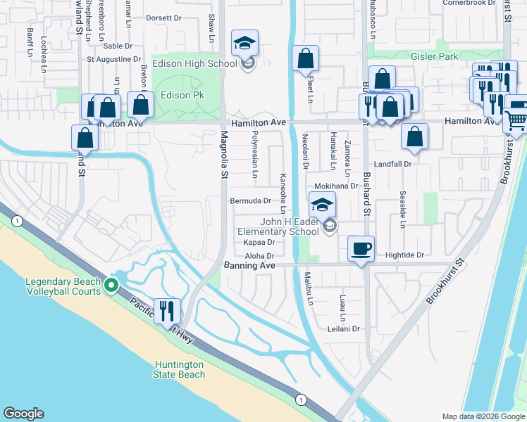 map of restaurants, bars, coffee shops, grocery stores, and more near 9112 Bermuda Drive in Huntington Beach
