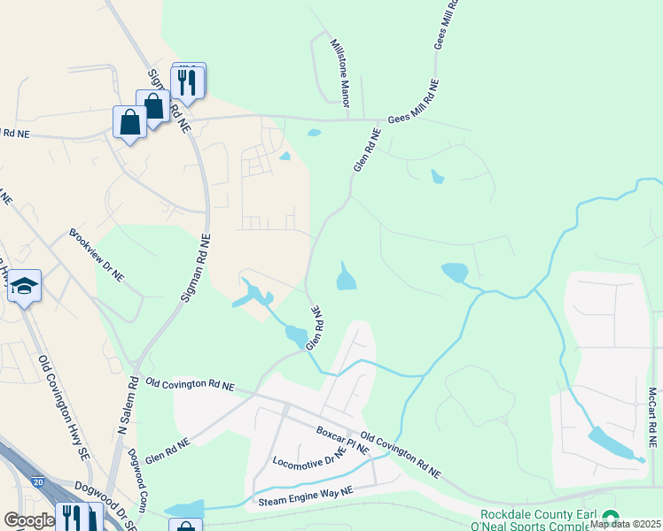 map of restaurants, bars, coffee shops, grocery stores, and more near 285 Glen Road Northeast in Conyers