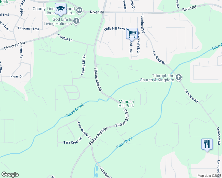 map of restaurants, bars, coffee shops, grocery stores, and more near 4824 Flakes Mill Road in Ellenwood