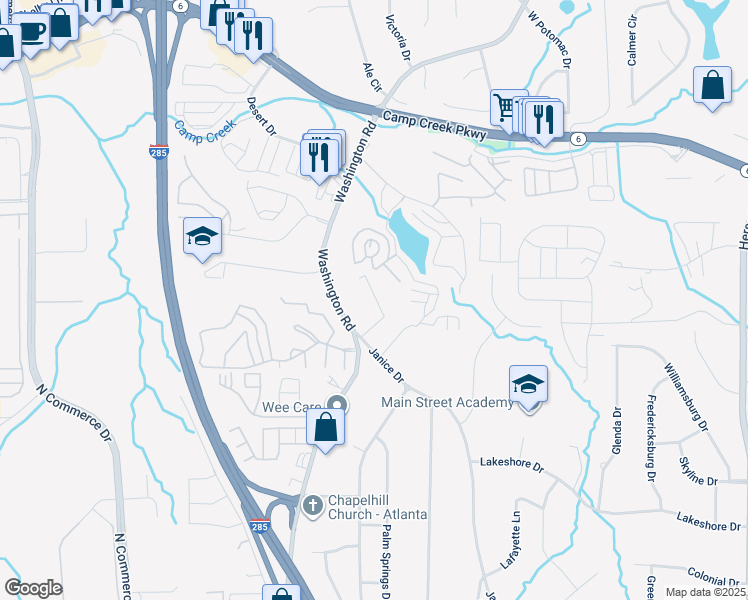 map of restaurants, bars, coffee shops, grocery stores, and more near 4060 Janice Drive in East Point