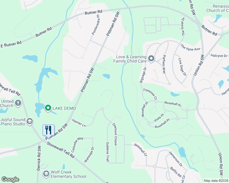 map of restaurants, bars, coffee shops, grocery stores, and more near 5745 Harrier Lane in Atlanta