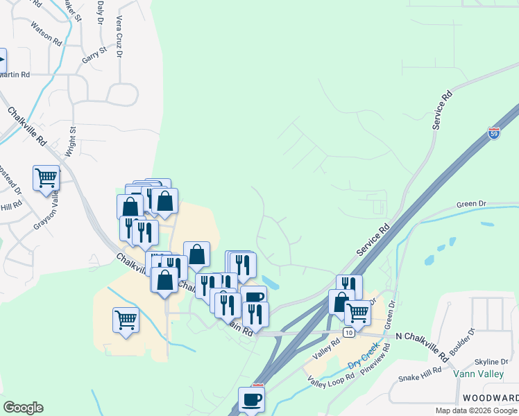 map of restaurants, bars, coffee shops, grocery stores, and more near 6479 Misty Ridge Drive in Birmingham