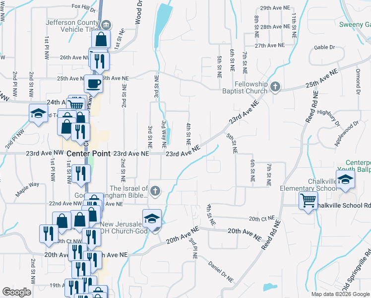 map of restaurants, bars, coffee shops, grocery stores, and more near 406 23rd Avenue Northeast in Center Point