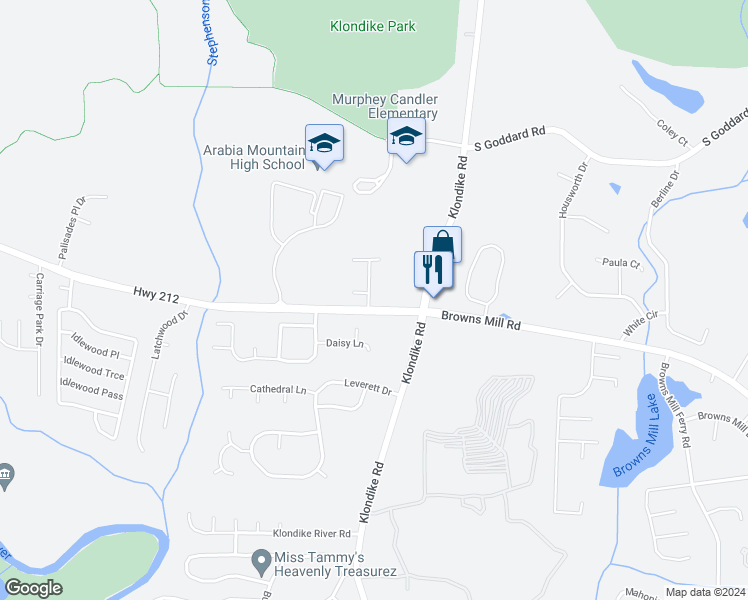 map of restaurants, bars, coffee shops, grocery stores, and more near 6399 Mill Station Court in Stonecrest